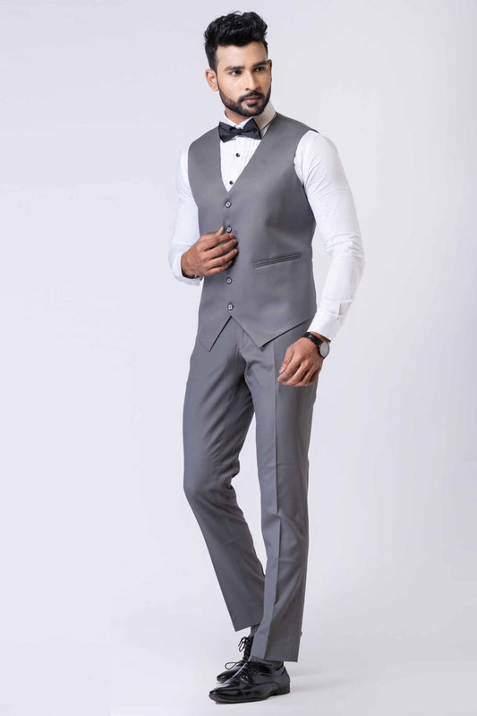 Graceful Men's Grey 3 - Piece Party Wear Tuxedo Suit with Bow Tie - Mangaldeep NX