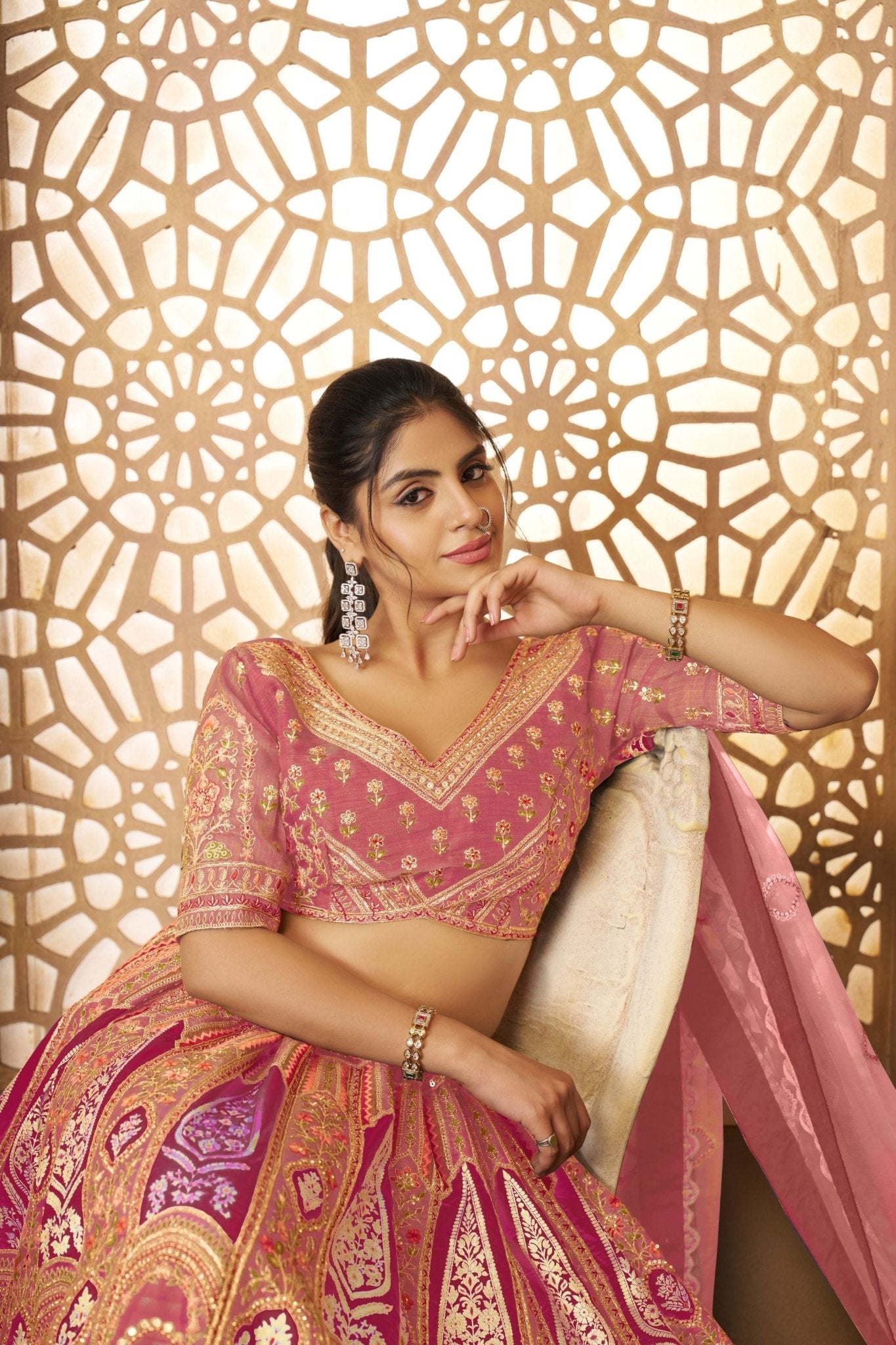 Graceful Pink Embroidered Net Lehenga Choli with Zari, Sequins & Contrasting Dupatta Border - Mangaldeep NX