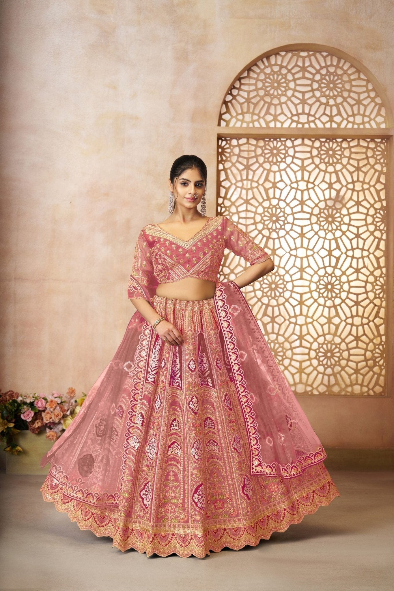 Graceful Pink Embroidered Net Lehenga Choli with Zari, Sequins & Contrasting Dupatta Border - Mangaldeep NX