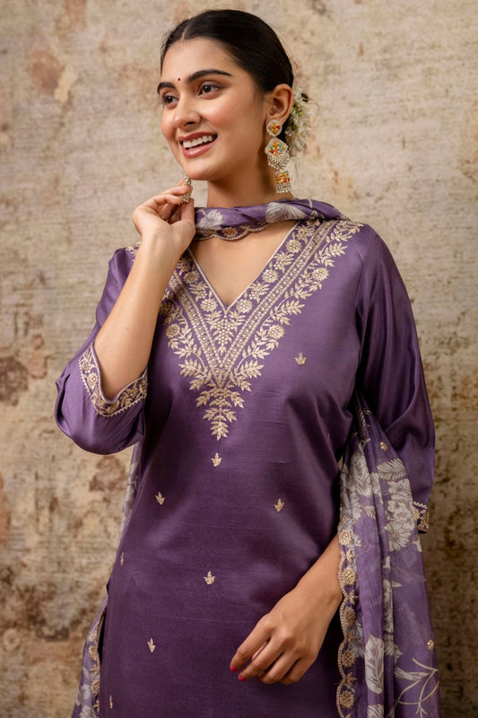 Graceful Purple Embroidered Salwar Suit with Floral Organza Dupatta - Mangaldeep NX