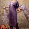Graceful Purple Embroidered Salwar Suit with Floral Organza Dupatta - Mangaldeep NX
