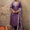 Graceful Purple Embroidered Salwar Suit with Floral Organza Dupatta - Mangaldeep NX