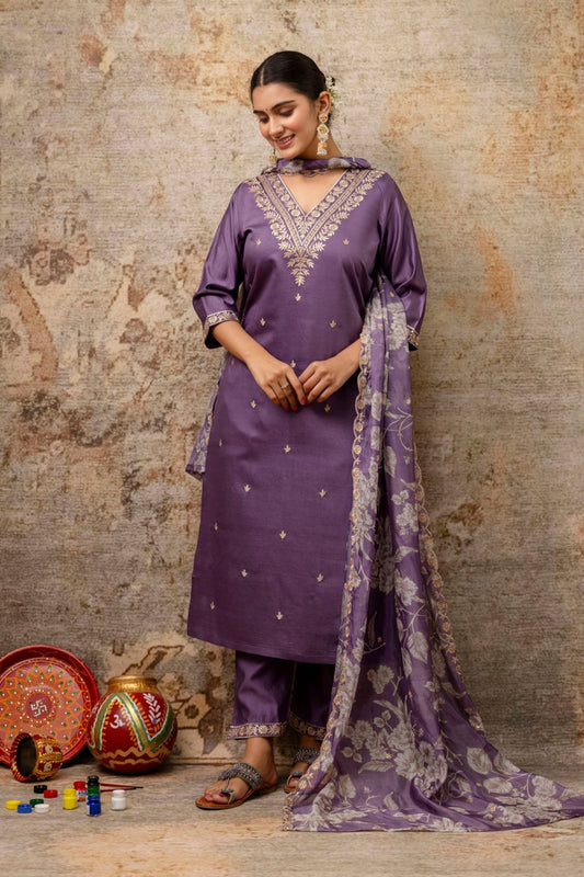 Graceful Purple Embroidered Salwar Suit with Floral Organza Dupatta - Mangaldeep NX