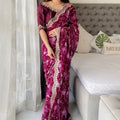 Graceful Purple Floral Georgette Saree with Embroidered Lace Border - Mangaldeep NX