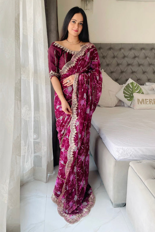 Graceful Purple Floral Georgette Saree with Embroidered Lace Border - Mangaldeep NX