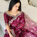 Graceful Purple Floral Georgette Saree with Embroidered Lace Border - Mangaldeep NX