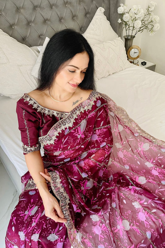 Graceful Purple Floral Georgette Saree with Embroidered Lace Border - Mangaldeep NX