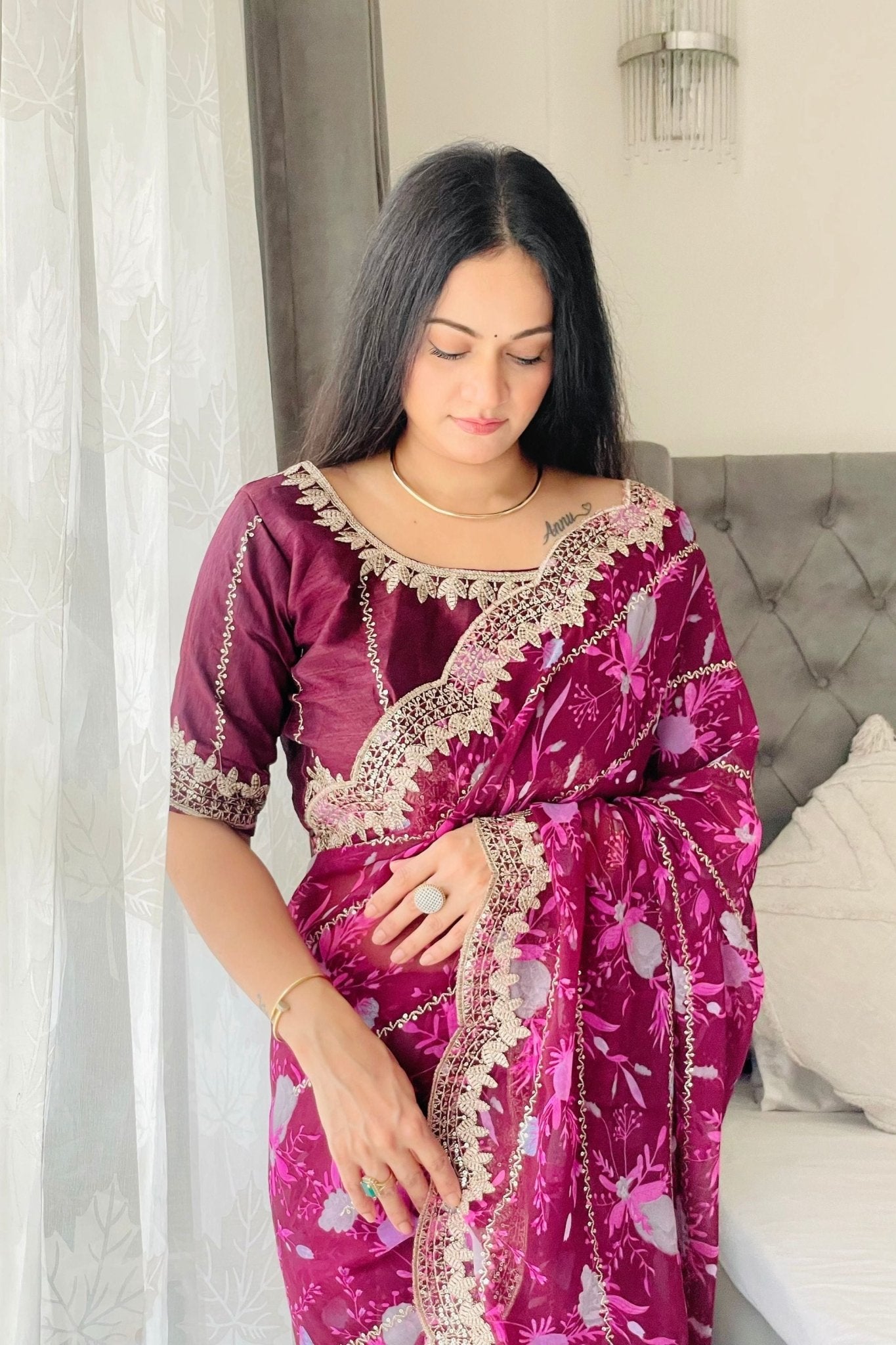 Graceful Purple Floral Georgette Saree with Embroidered Lace Border - Mangaldeep NX