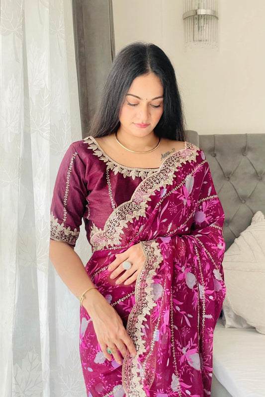 Graceful Purple Floral Georgette Saree with Embroidered Lace Border - Mangaldeep NX