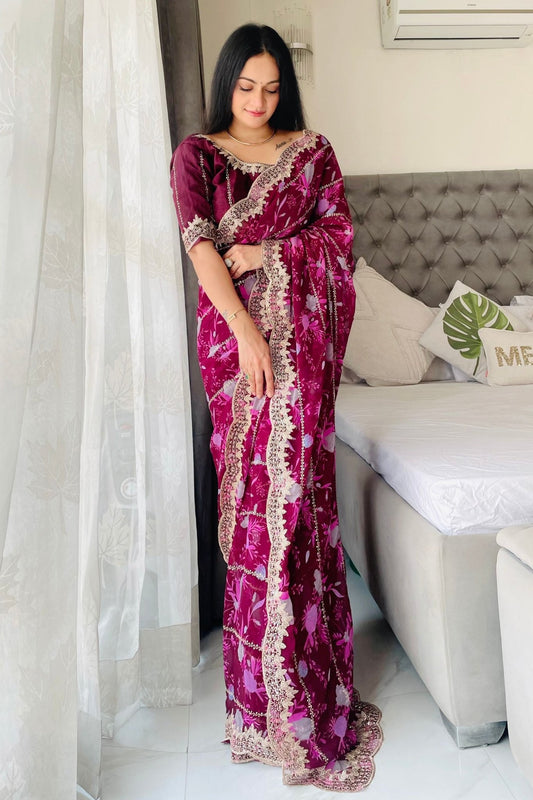 Graceful Purple Floral Georgette Saree with Embroidered Lace Border - Mangaldeep NX