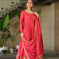 Graceful Red Coral Anarkali Dress with Golden Detailing - Mangaldeep NX