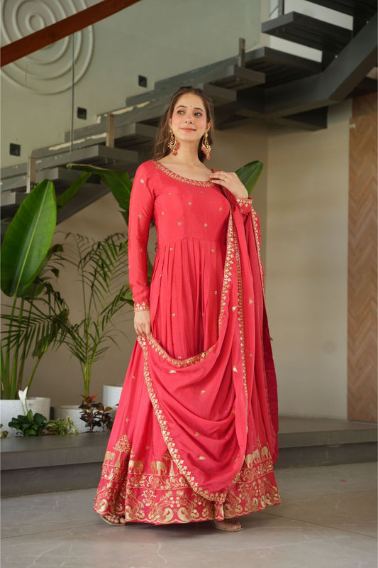 Graceful Red Coral Anarkali Dress with Golden Detailing - Mangaldeep NX