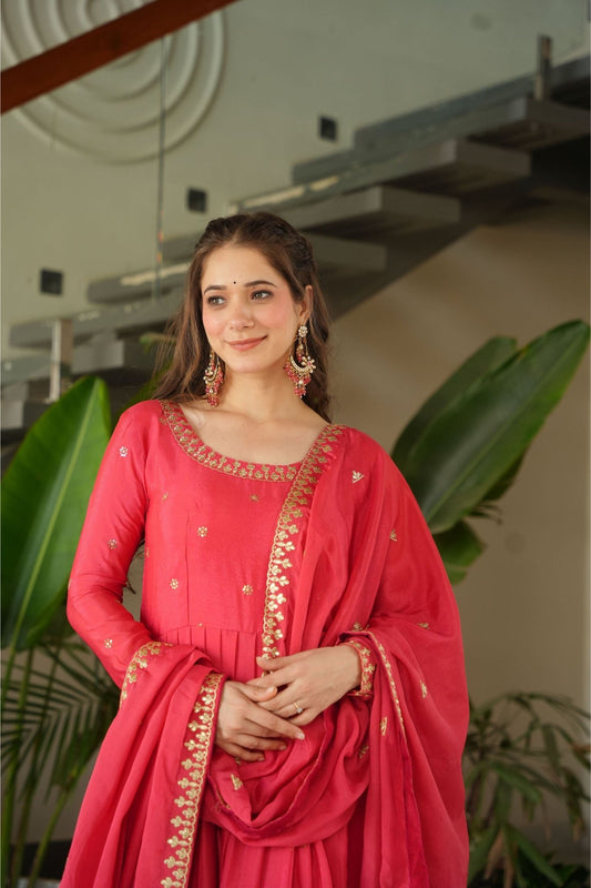Graceful Red Coral Anarkali Dress with Golden Detailing - Mangaldeep NX