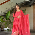 Graceful Red Coral Anarkali Dress with Golden Detailing - Mangaldeep NX