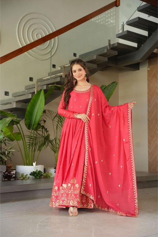 Graceful Red Coral Anarkali Dress with Golden Detailing - Mangaldeep NX
