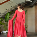 Graceful Red Coral Anarkali Dress with Golden Detailing - Mangaldeep NX
