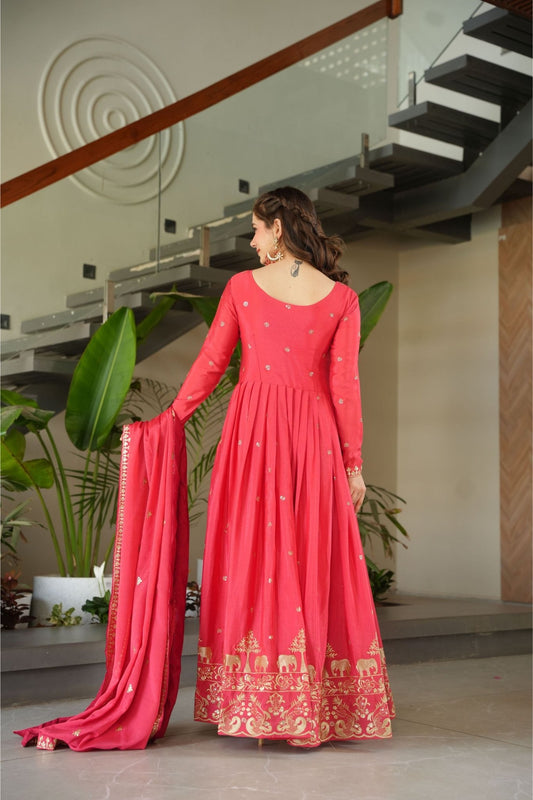Graceful Red Coral Anarkali Dress with Golden Detailing - Mangaldeep NX