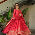 Graceful Red Coral Anarkali Dress with Golden Detailing - Mangaldeep NX