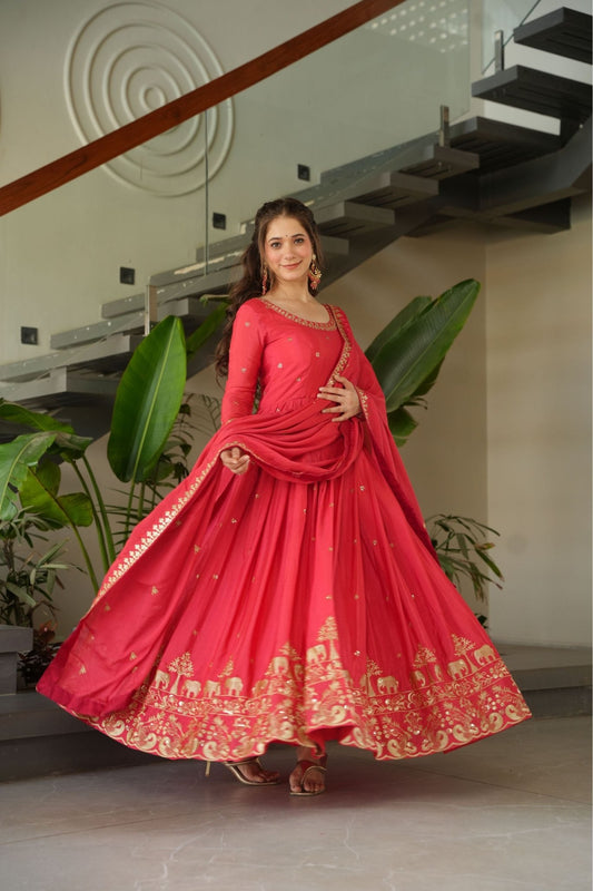 Graceful Red Coral Anarkali Dress with Golden Detailing - Mangaldeep NX