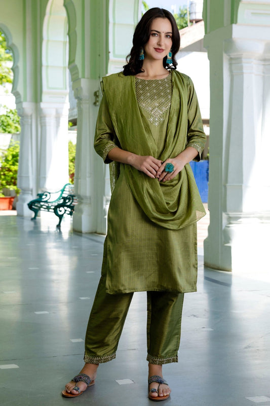 Great Olive Green Straight Suit Set for Women - Mangaldeep NX