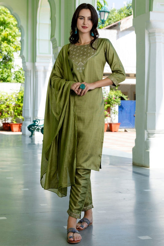 Great Olive Green Straight Suit Set for Women - Mangaldeep NX