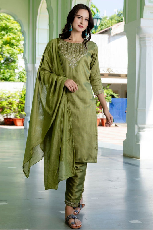 Great Olive Green Straight Suit Set for Women - Mangaldeep NX