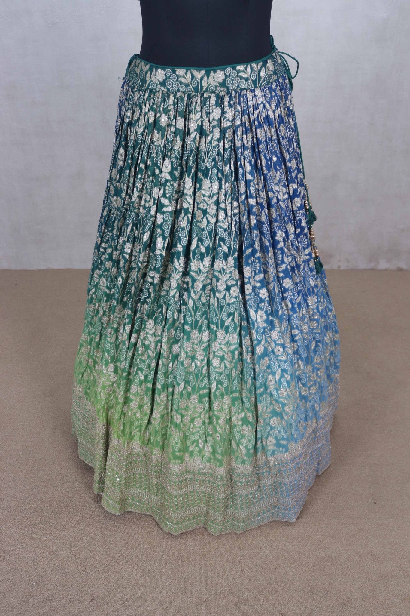 Green and Blue Silk Lehenga Choli with Mirror and Thread Embroidery - Mangaldeep NX