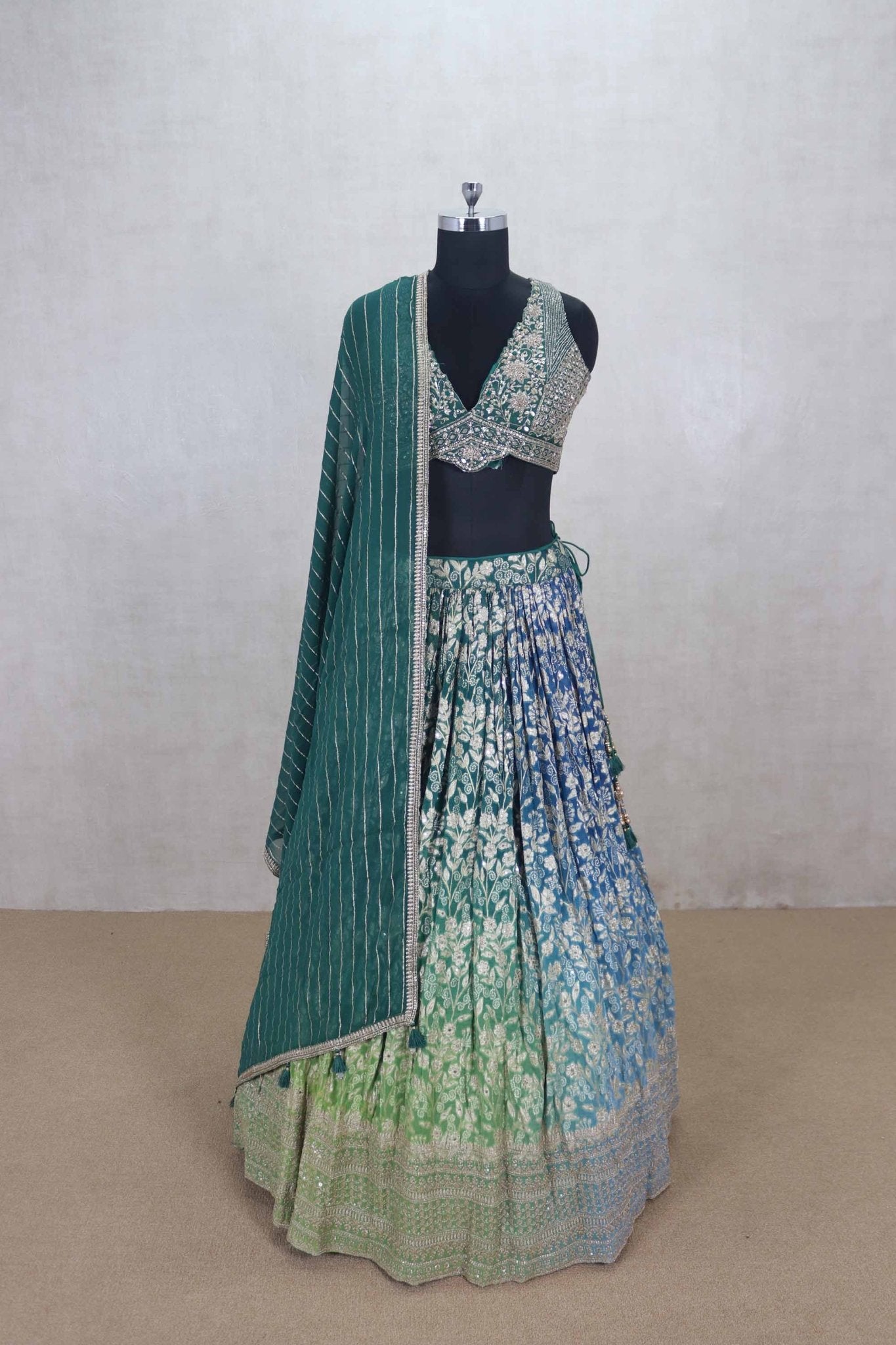 Green and Blue Silk Lehenga Choli with Mirror and Thread Embroidery - Mangaldeep NX