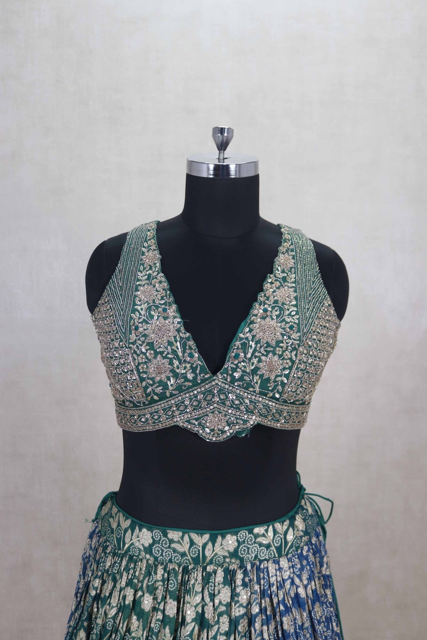 Green and Blue Silk Lehenga Choli with Mirror and Thread Embroidery - Mangaldeep NX