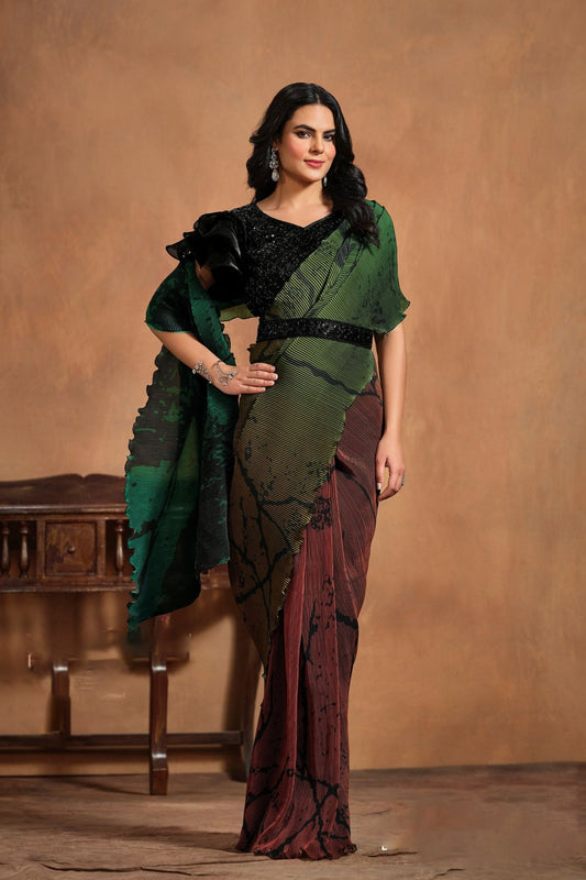 Green and Maroon Crushed Pre - Draped One Minute Saree With Belt - Mangaldeep NX
