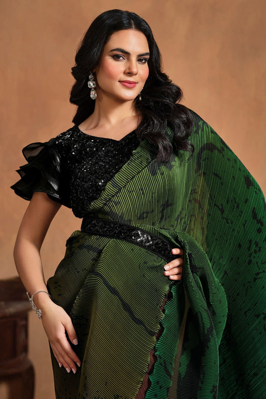 Green and Maroon Crushed Pre - Draped One Minute Saree With Belt - Mangaldeep NX