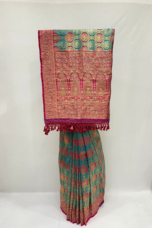 Green and Pink Banarasi Silk Saree - Mangaldeep NX
