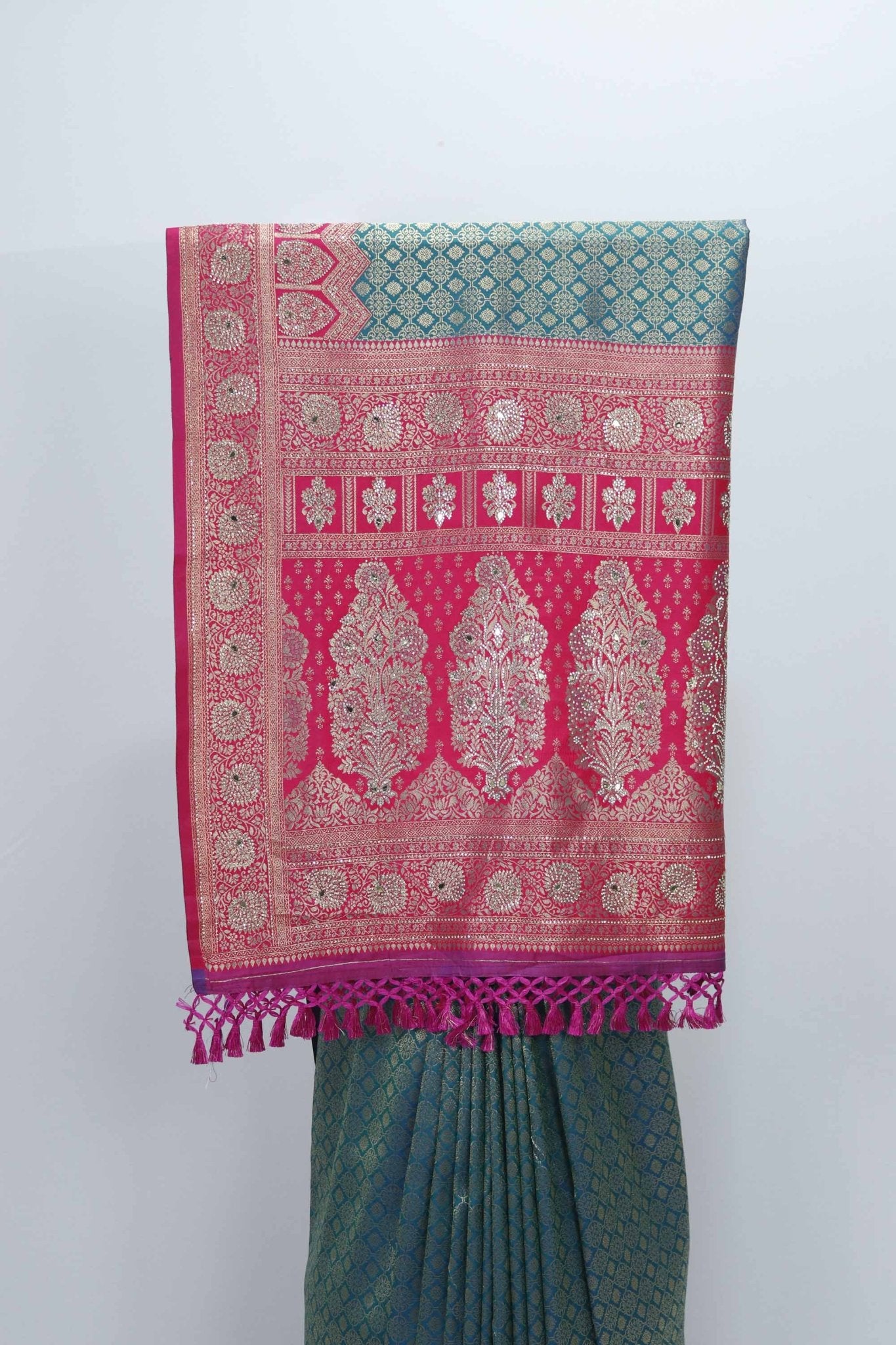 Green and Pink Banarasi Silk Saree with Zari Weaving - Mangaldeep NX
