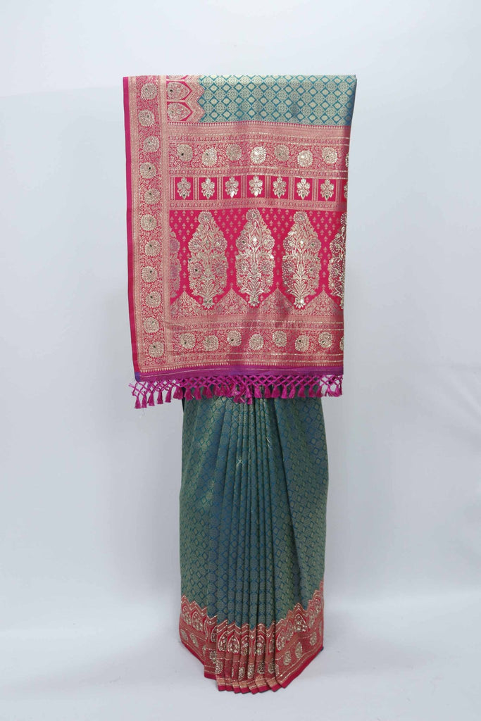 Green and Pink Banarasi Silk Saree with Zari Weaving - Mangaldeep NX