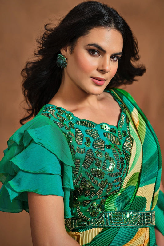 Green and Yellow Abstract Printed Pre - Draped Saree with Embroidered Blouse and Belt - Mangaldeep NX