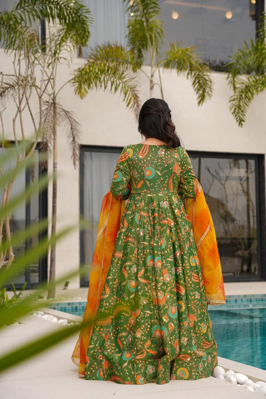 Green Bandhani Printed Gown with Peacock and Floral Motifs and Orange - Yellow Tie - Dye Dupatta - Mangaldeep NX