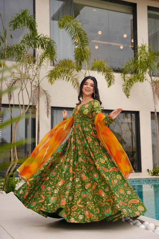 Green Bandhani Printed Gown with Peacock and Floral Motifs and Orange - Yellow Tie - Dye Dupatta - Mangaldeep NX