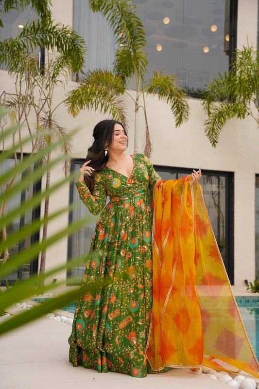 Green Bandhani Printed Gown with Peacock and Floral Motifs and Orange - Yellow Tie - Dye Dupatta - Mangaldeep NX