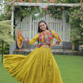 Green Embroidered Mirror Work Crop Top Lehenga Set with Gota Detailing - Mangaldeep NX