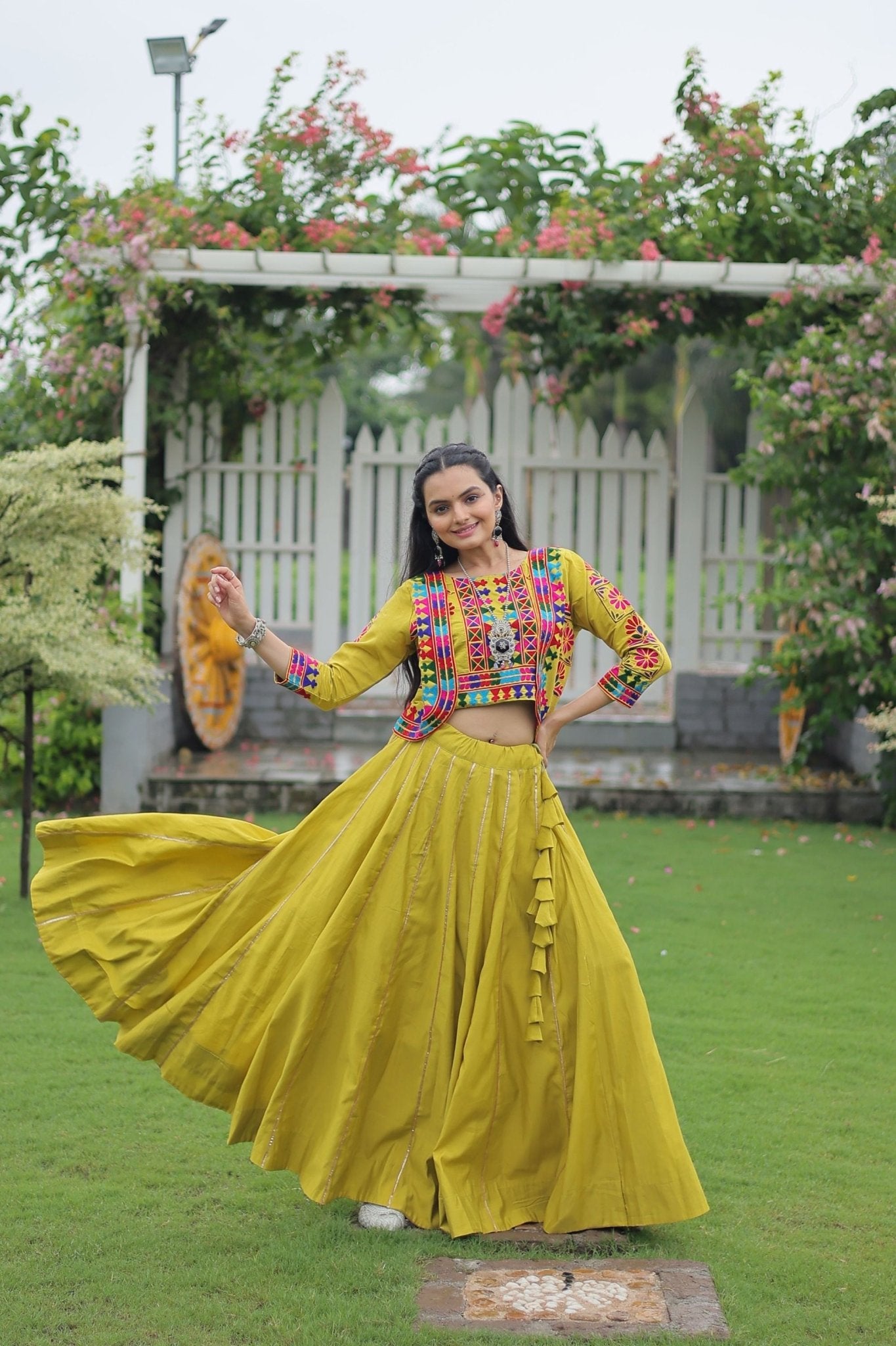 Green Embroidered Mirror Work Crop Top Lehenga Set with Gota Detailing - Mangaldeep NX