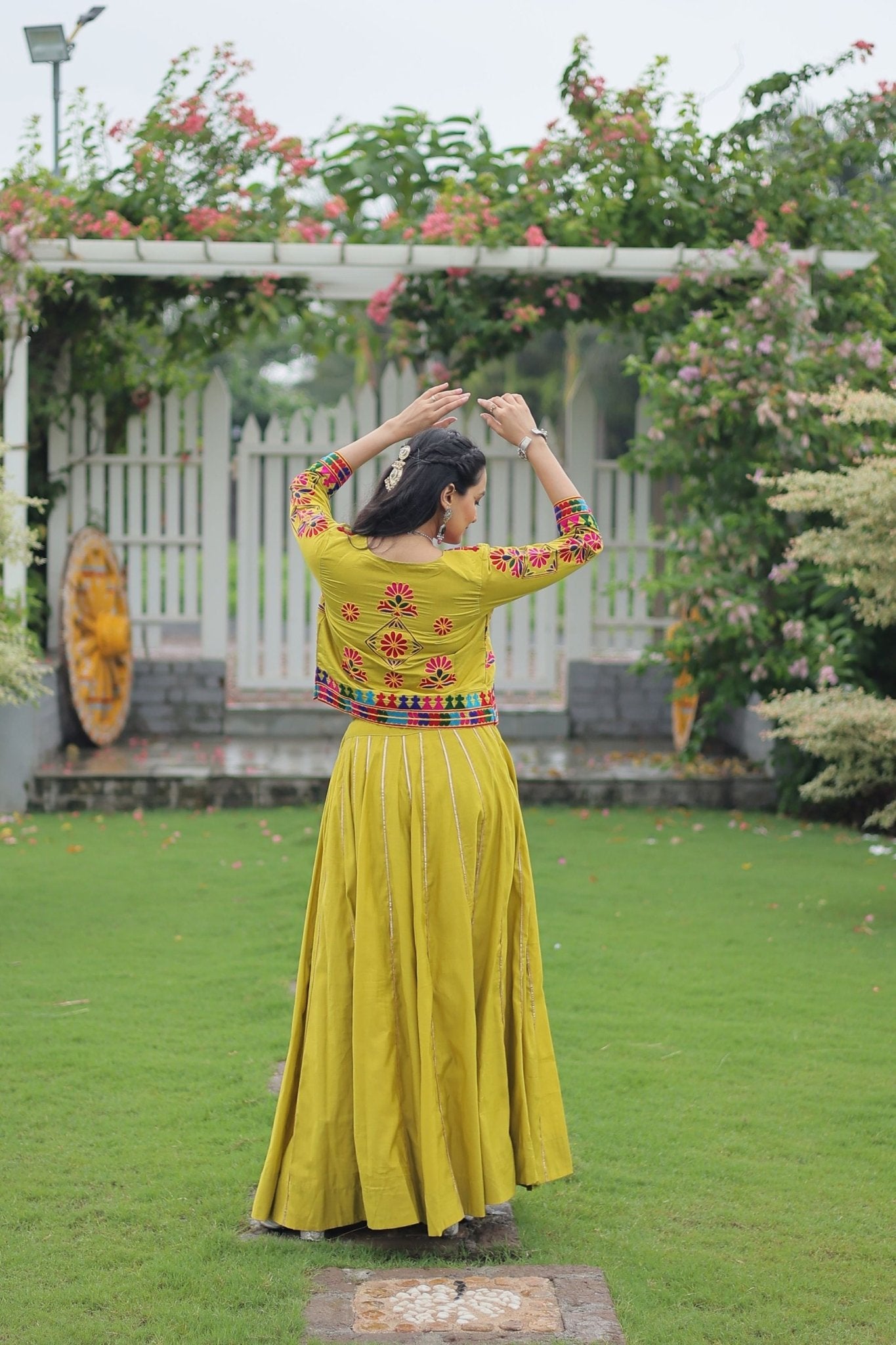 Green Embroidered Mirror Work Crop Top Lehenga Set with Gota Detailing - Mangaldeep NX