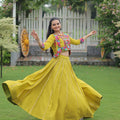 Green Embroidered Mirror Work Crop Top Lehenga Set with Gota Detailing - Mangaldeep NX
