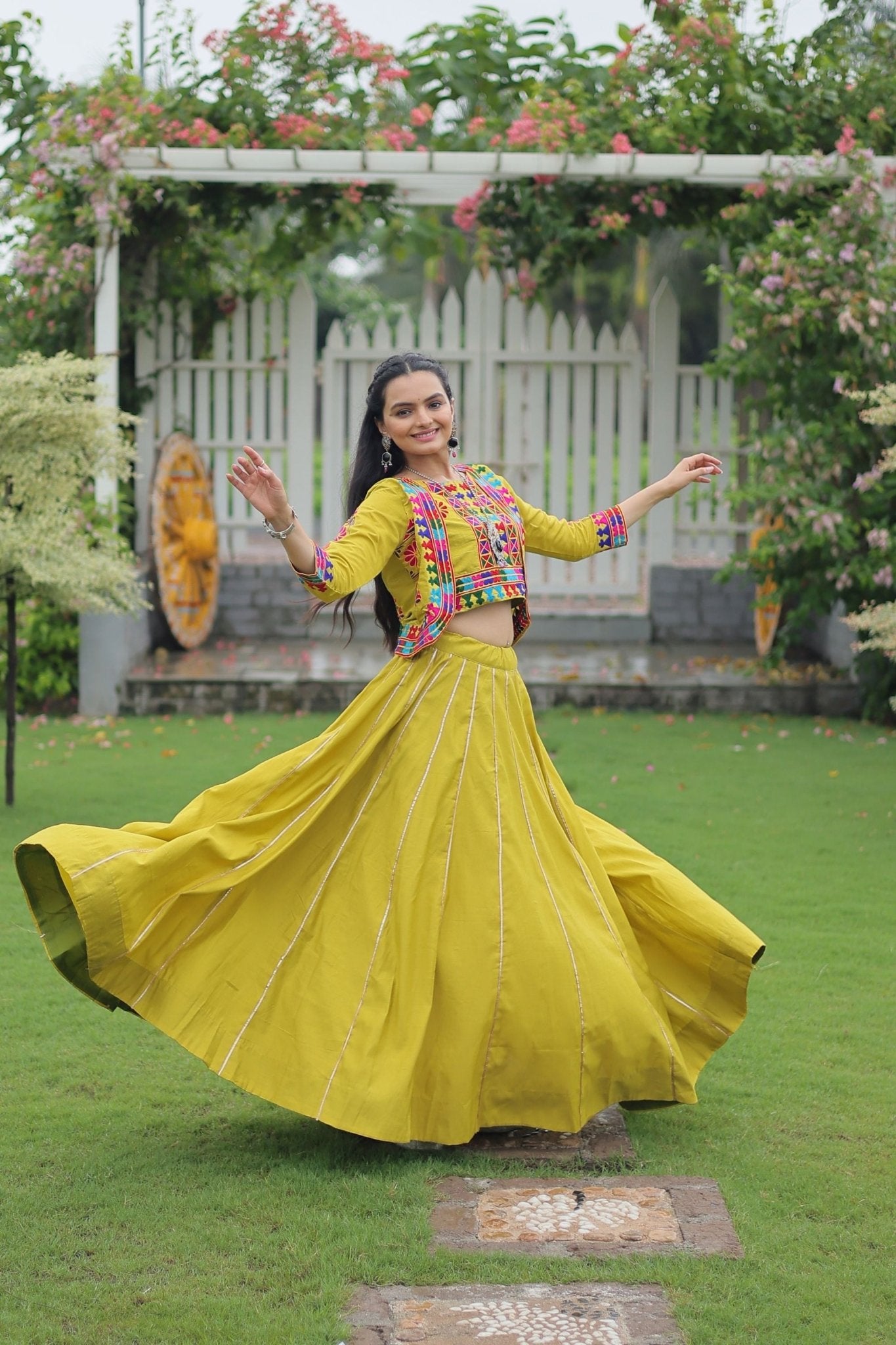 Green Embroidered Mirror Work Crop Top Lehenga Set with Gota Detailing - Mangaldeep NX