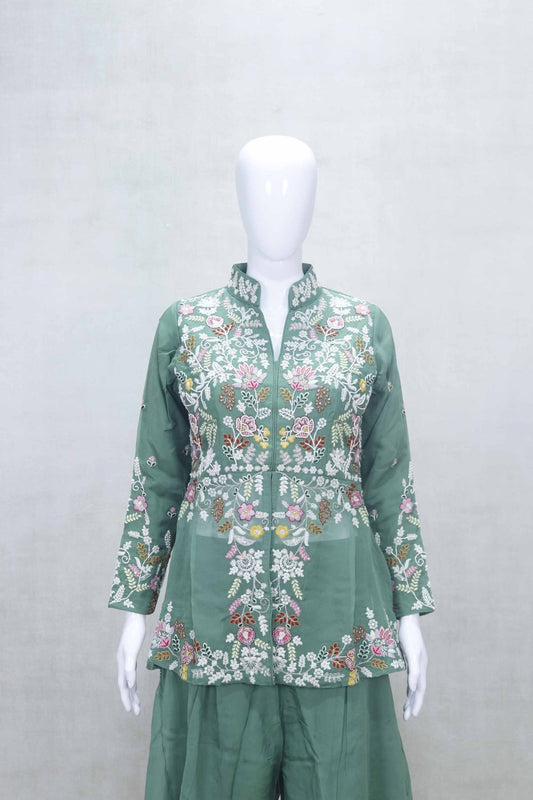 Green Embroidered Short Kurta and Palazzo Set with Net Dupatta for Festive Wear - Mangaldeep NX