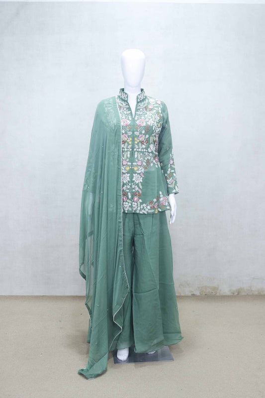 Green Embroidered Short Kurta and Palazzo Set with Net Dupatta for Festive Wear - Mangaldeep NX