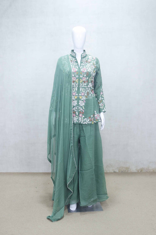 Green Embroidered Short Kurta and Palazzo Set with Net Dupatta for Festive Wear - Mangaldeep NX
