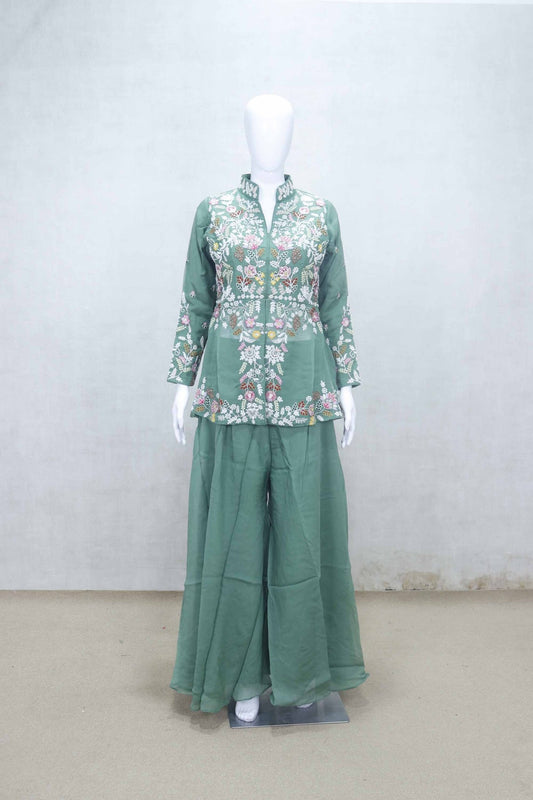 Green Embroidered Short Kurta and Palazzo Set with Net Dupatta for Festive Wear - Mangaldeep NX