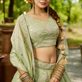 Green Embroidered Silk Lehenga Choli with Sequin and Mirror Work Dupatta - Mangaldeep NX