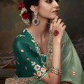 Green Embroidered Silk Saree with Floral Sequin Border and Bottle Green Blouse - Mangaldeep NX