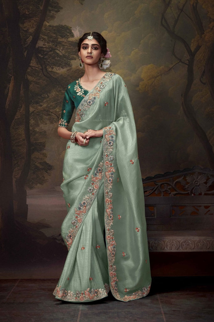 Green Embroidered Silk Saree with Floral Sequin Border and Bottle Green Blouse - Mangaldeep NX